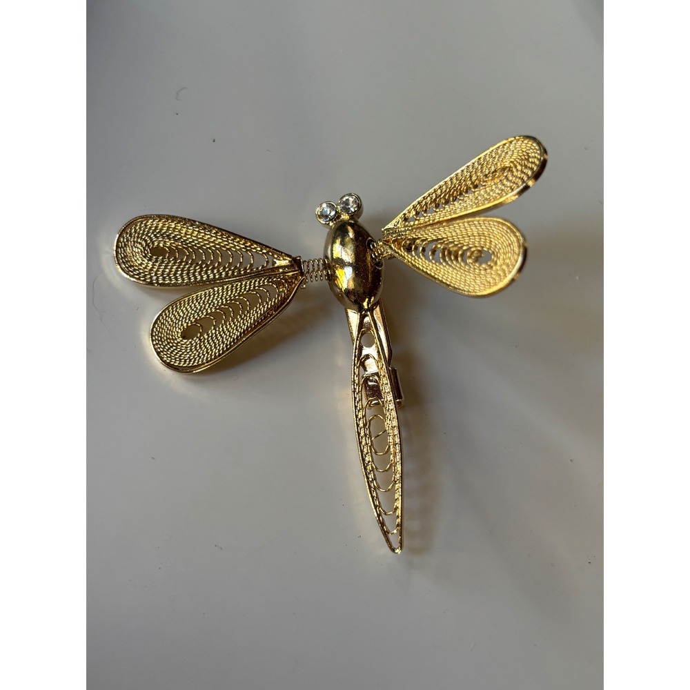 Vintage Gold Tone Dragonfly Brooch Filigree Wing Rhinestone Eye Insect Pin 2"